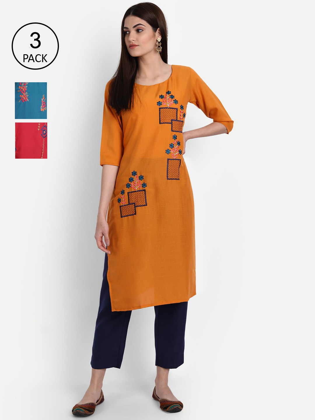 

7Threads Women Pack of 3 Embroidered Kurta, Mustard