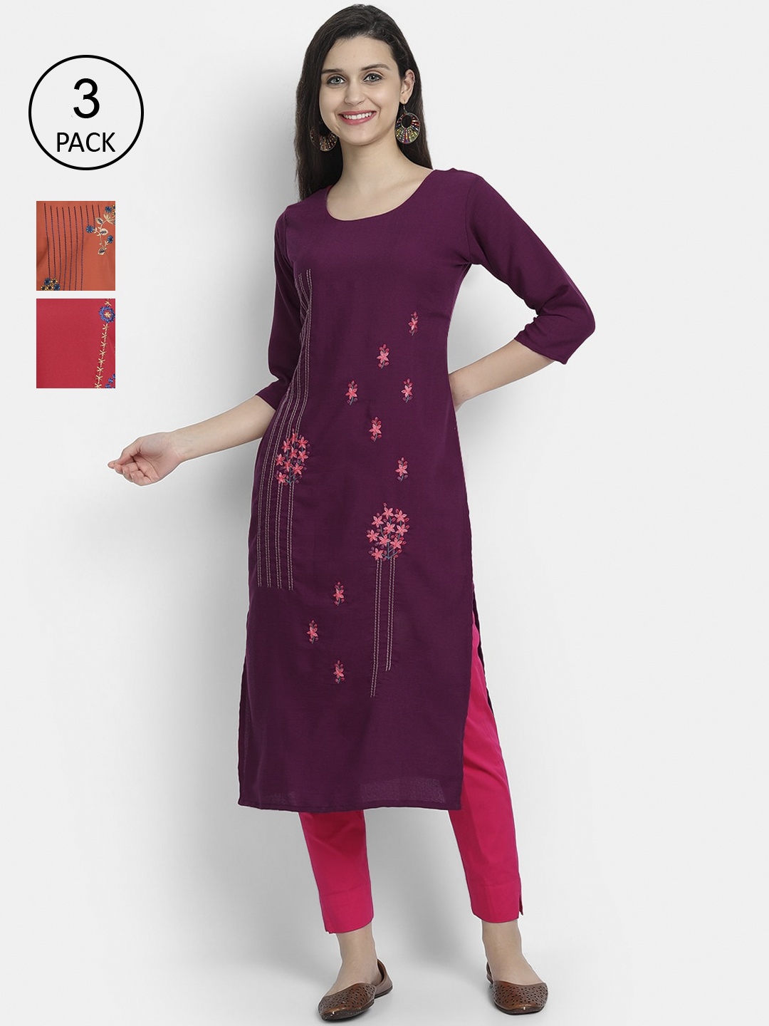 

7Threads Women Pack Of 3 Purple & Red Floral Embroidered Kurta