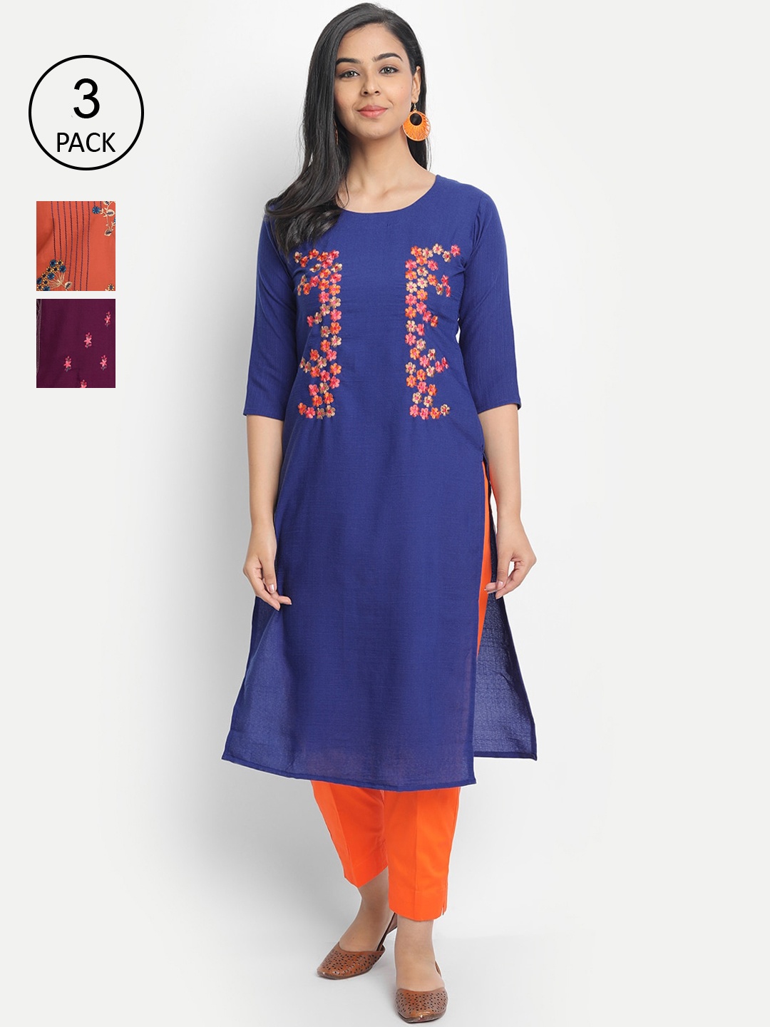 

7Threads Women Pack Of 3 Floral Embroidered Cotton Kurta, Blue