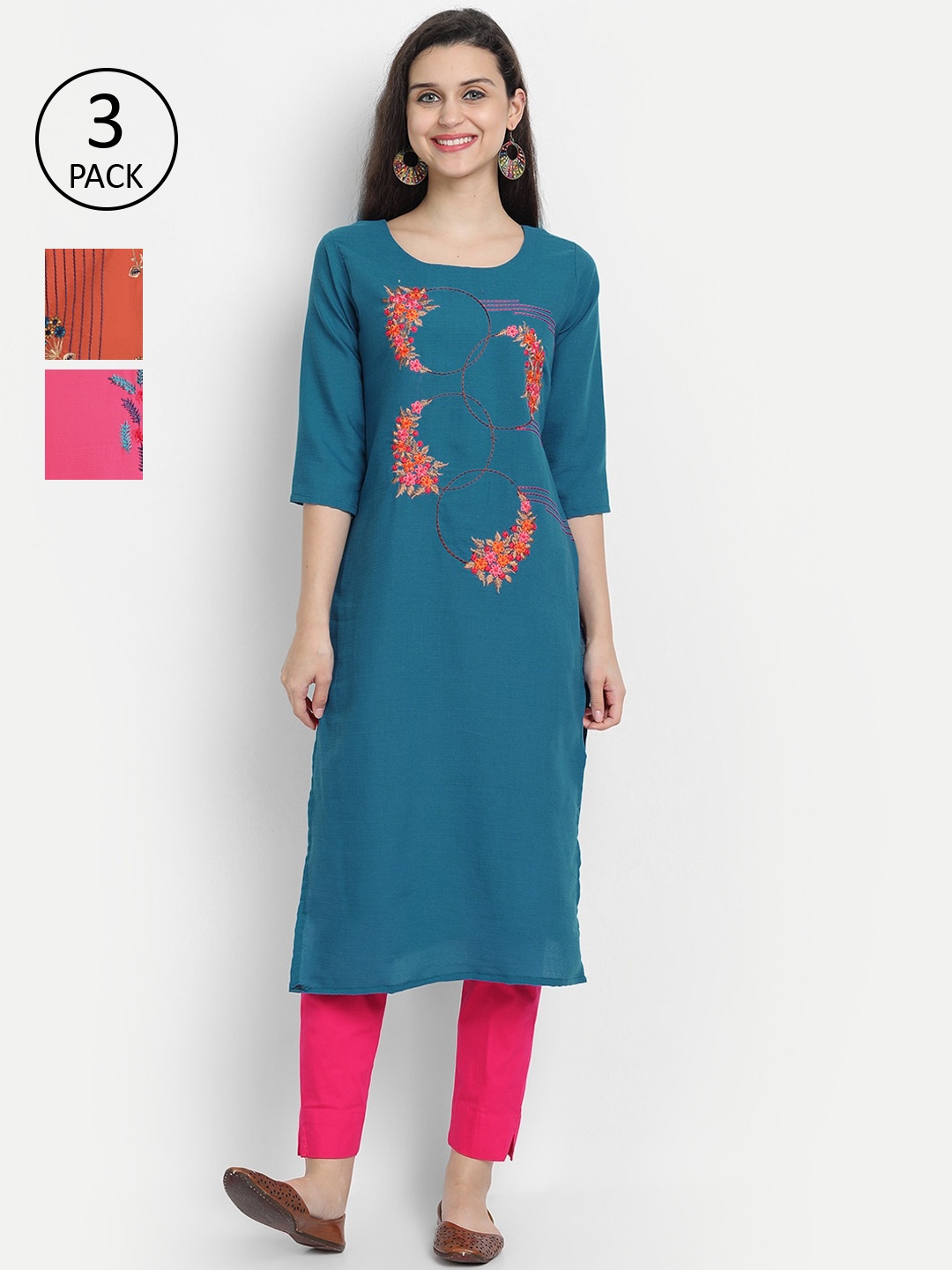 

7Threads Women Pack of 3 Multicoloured Floral Embroidered Kurta, Multi