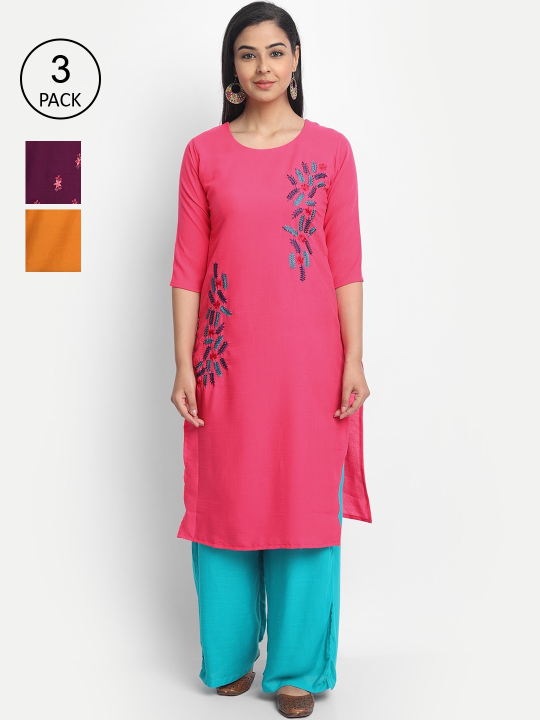 

7Threads Women Pack Of 3 Floral Embroidered Thread Work Kurta, Multi