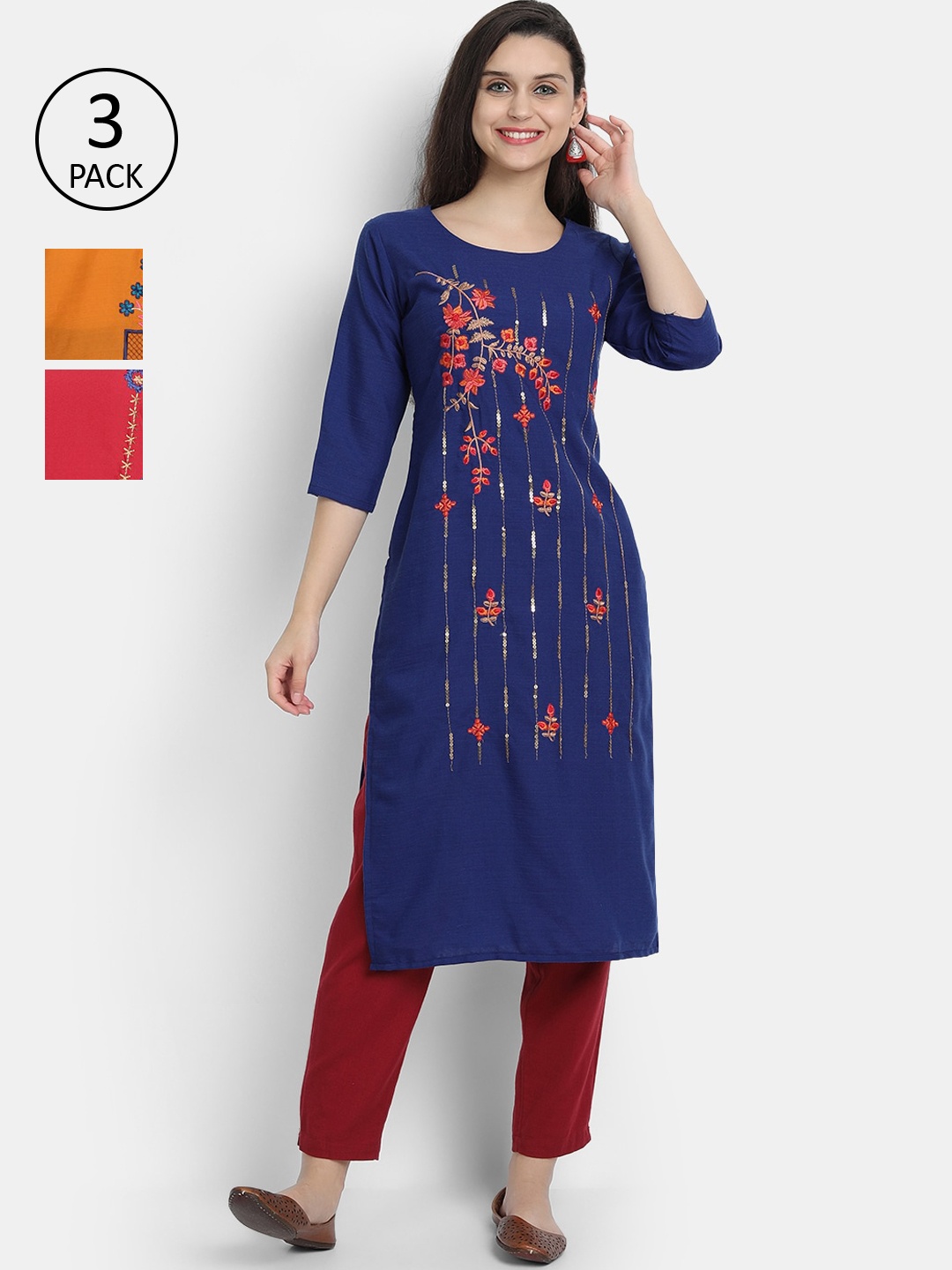 

7Threads Women Pack Of 3 Blue & Mustard Yellow Floral Embroidered Kurta