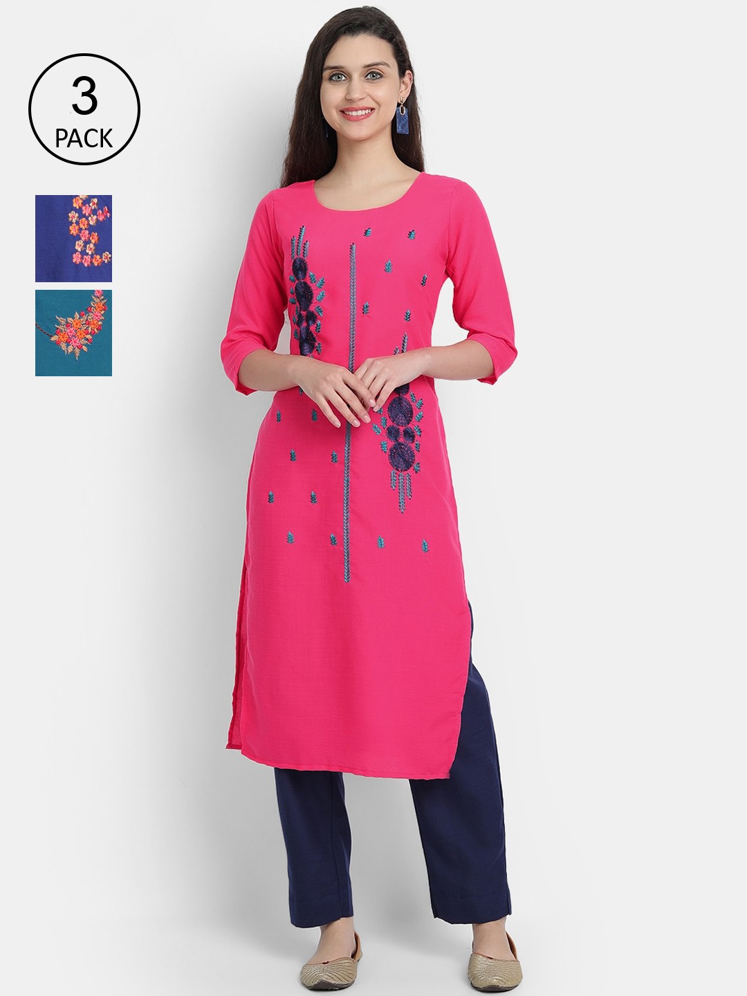 

7Threads Women Pack Of 3 Multicoloured Floral Embroidered Thread Work Kurta, Multi