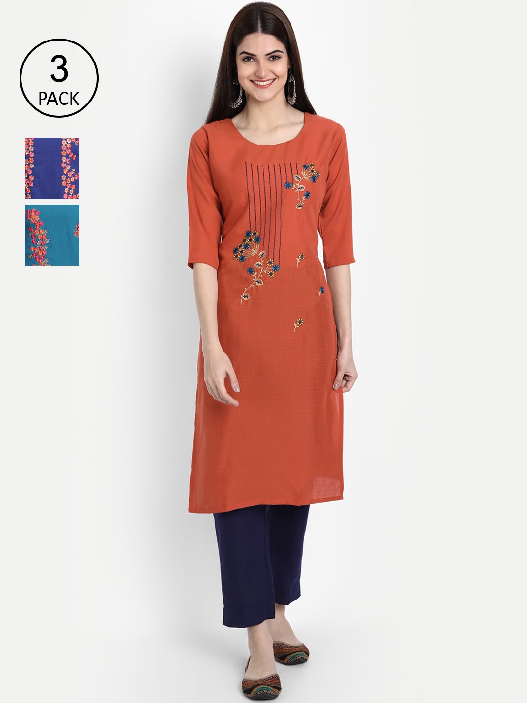 

7Threads Women Pack of 3 Rust & Blue Floral Embroidered Thread Work Kurta
