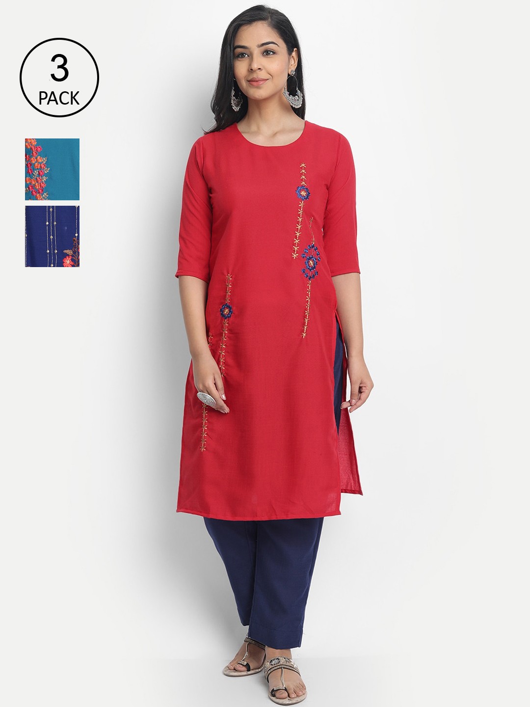 

7Threads Women Pack Of 3 Embroidered Straight Kurta, Blue