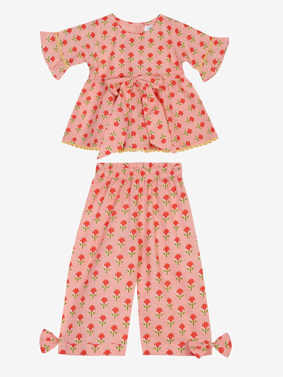 

SAKA DESIGNS Girls Peach-Coloured & Red Printed Night suit