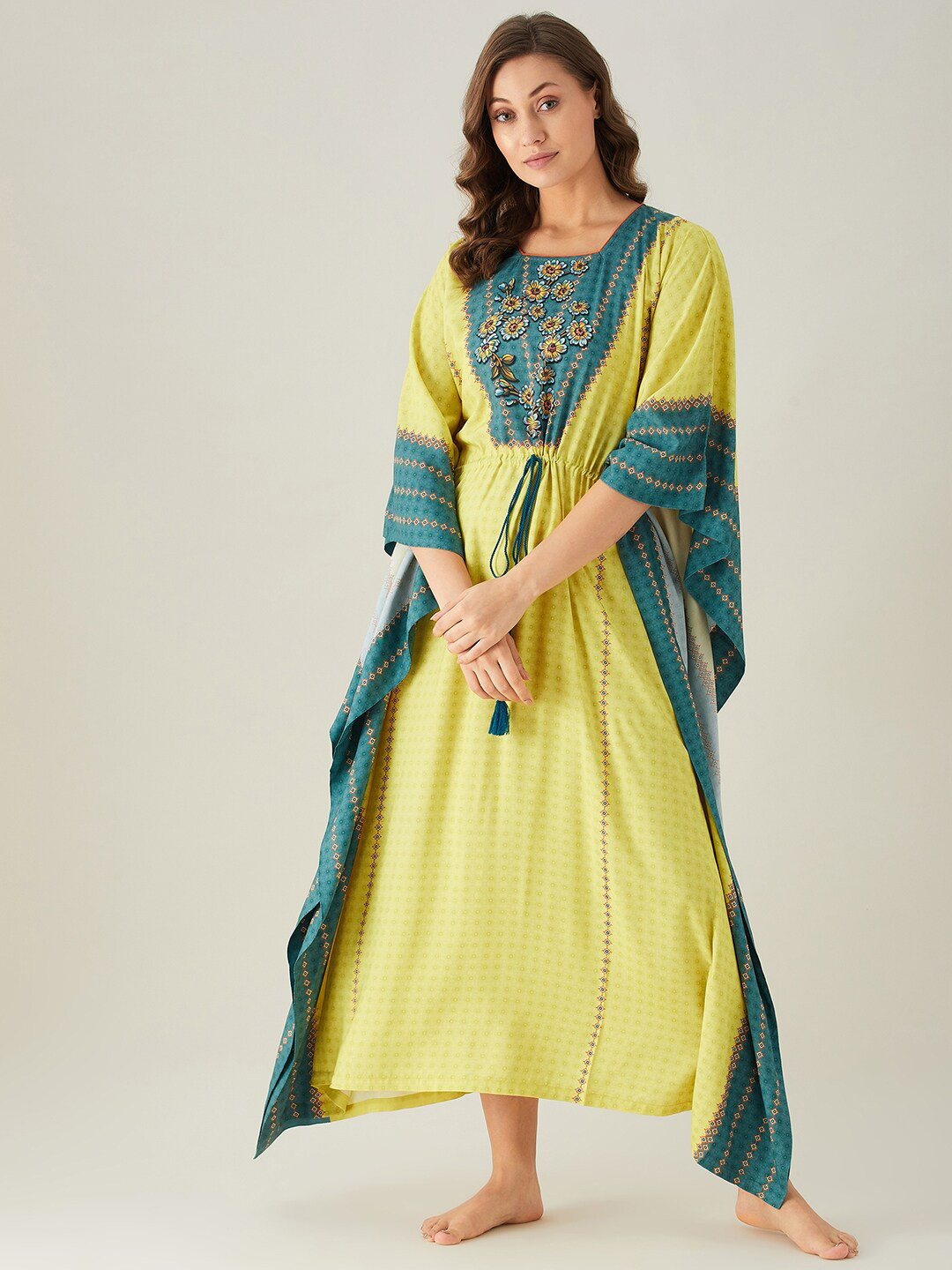 

The Kaftan Company Yellow Printed Maxi Nightdress