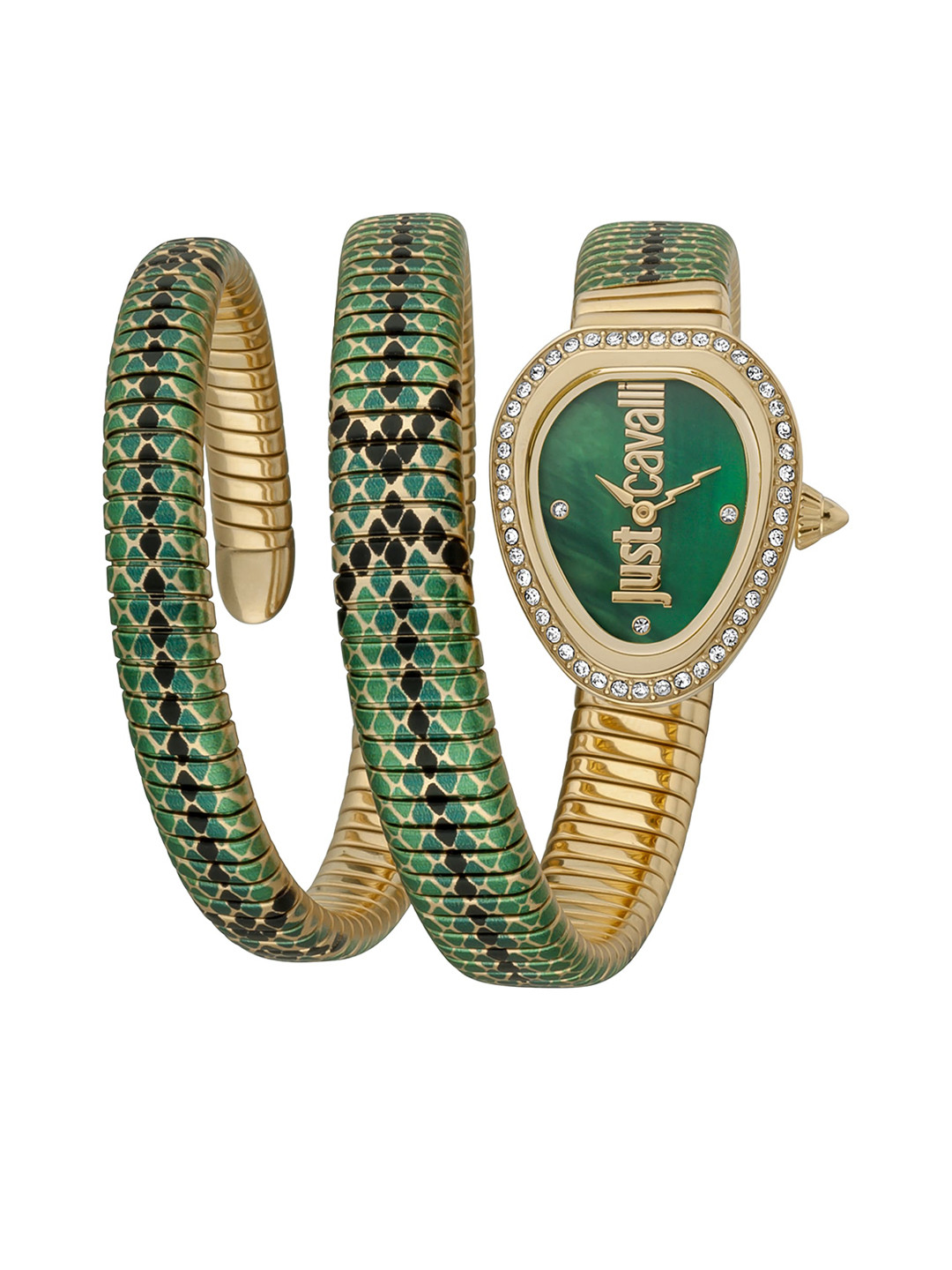

Just Cavalli Women Green Brass Embellished Dial & Gold Toned Stainless Steel Wrap Around Straps Digital Watch