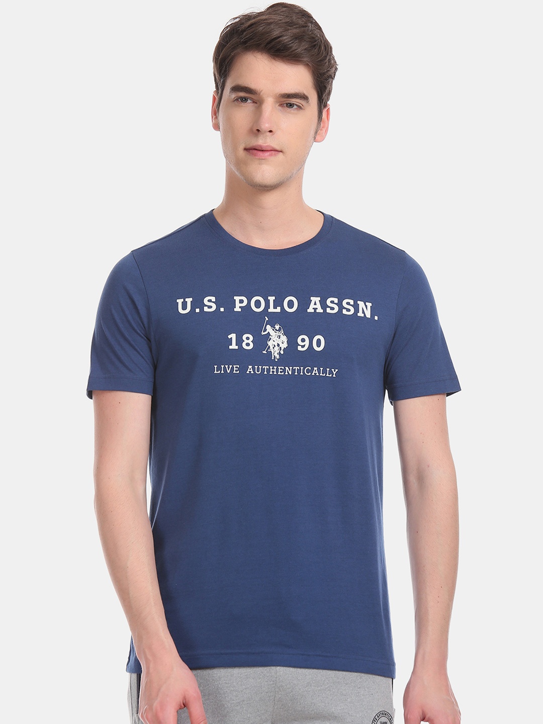 U.S. Polo Assn.-Men Blue & White Brand Logo Lounge T-shirt