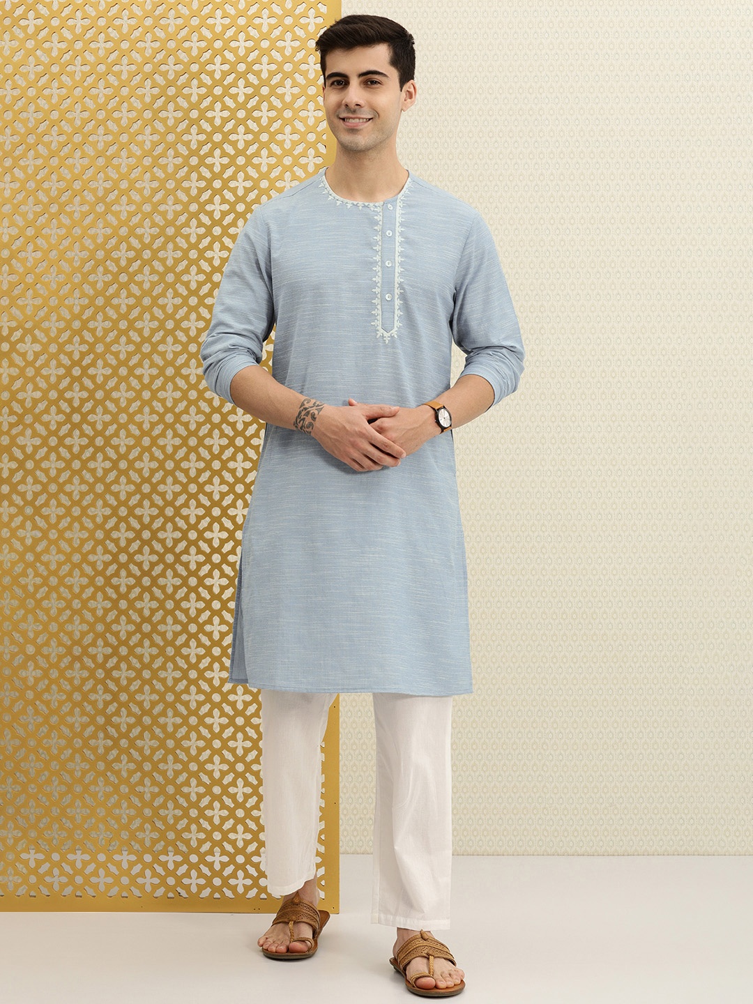 

House of Pataudi Men Blue Embroidery Detail Jashn Kurta