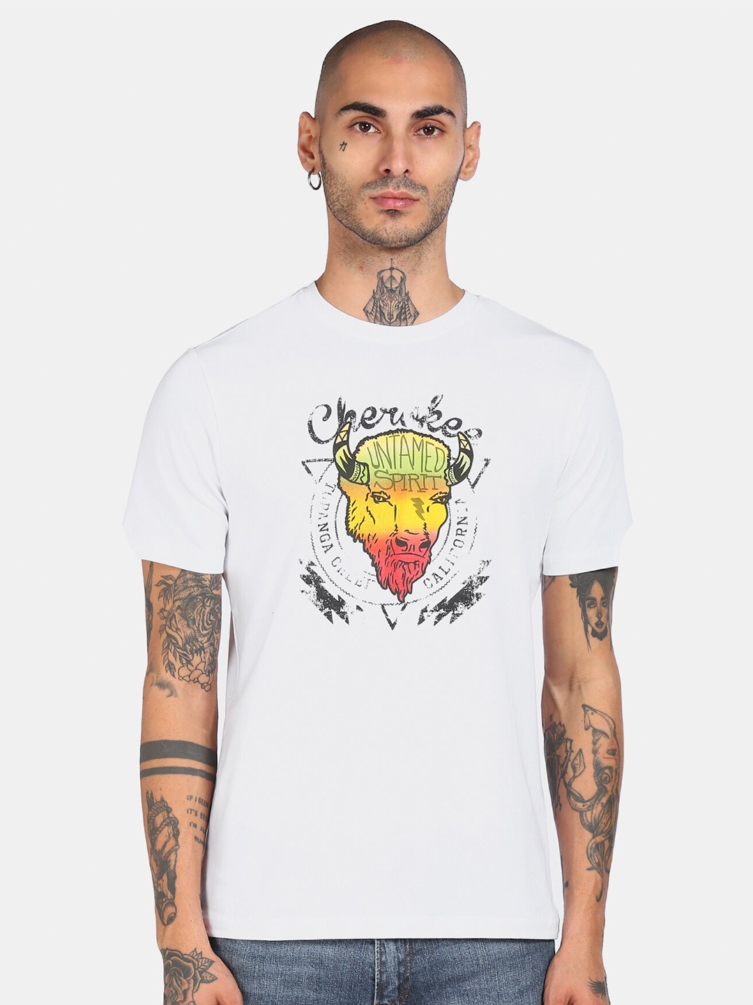 

Cherokee Men White Printed Applique T-shirt
