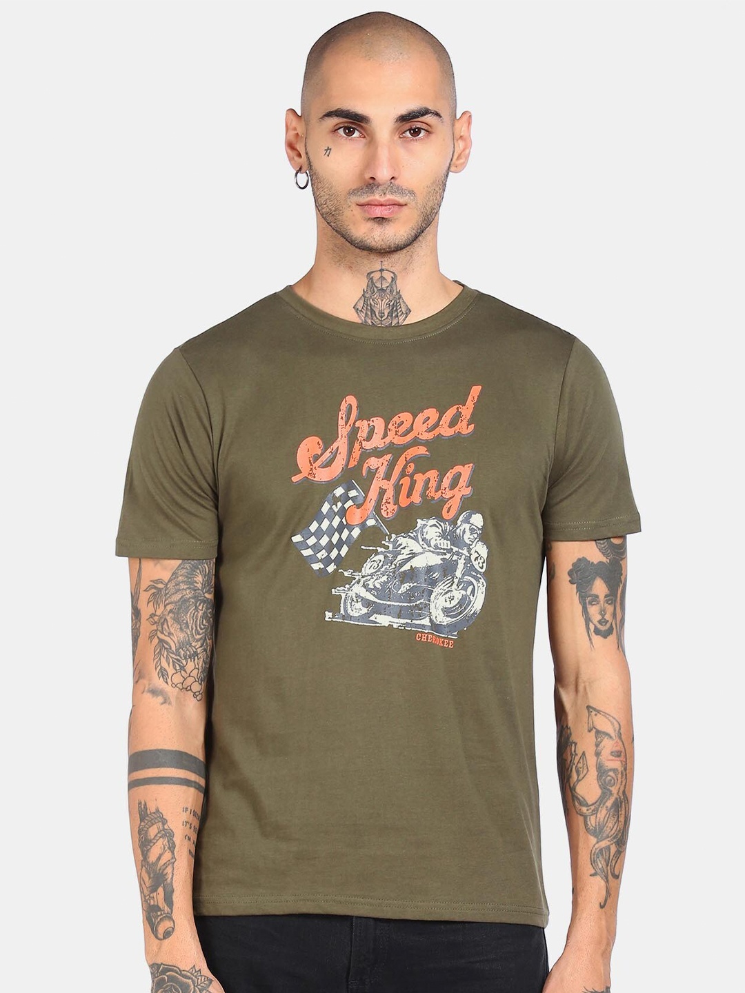 

Cherokee Men Green Biker Printed Raw Edge T-shirt