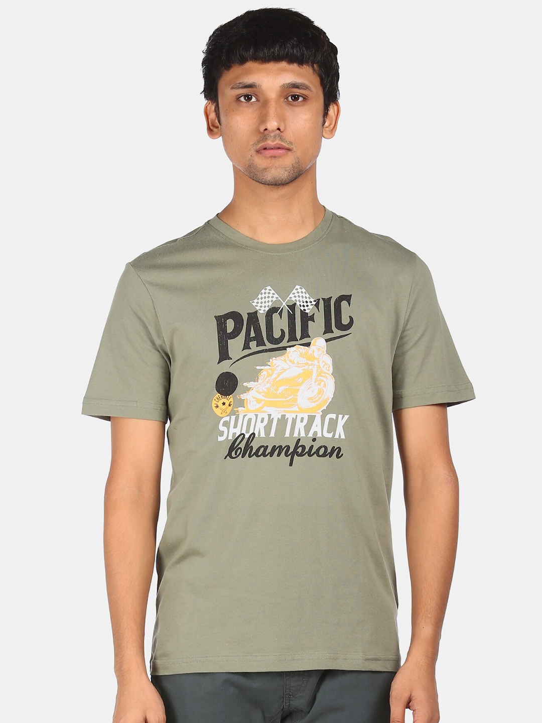 

Cherokee Men Olive Green Typography Printed Pure Cotton T-shirt
