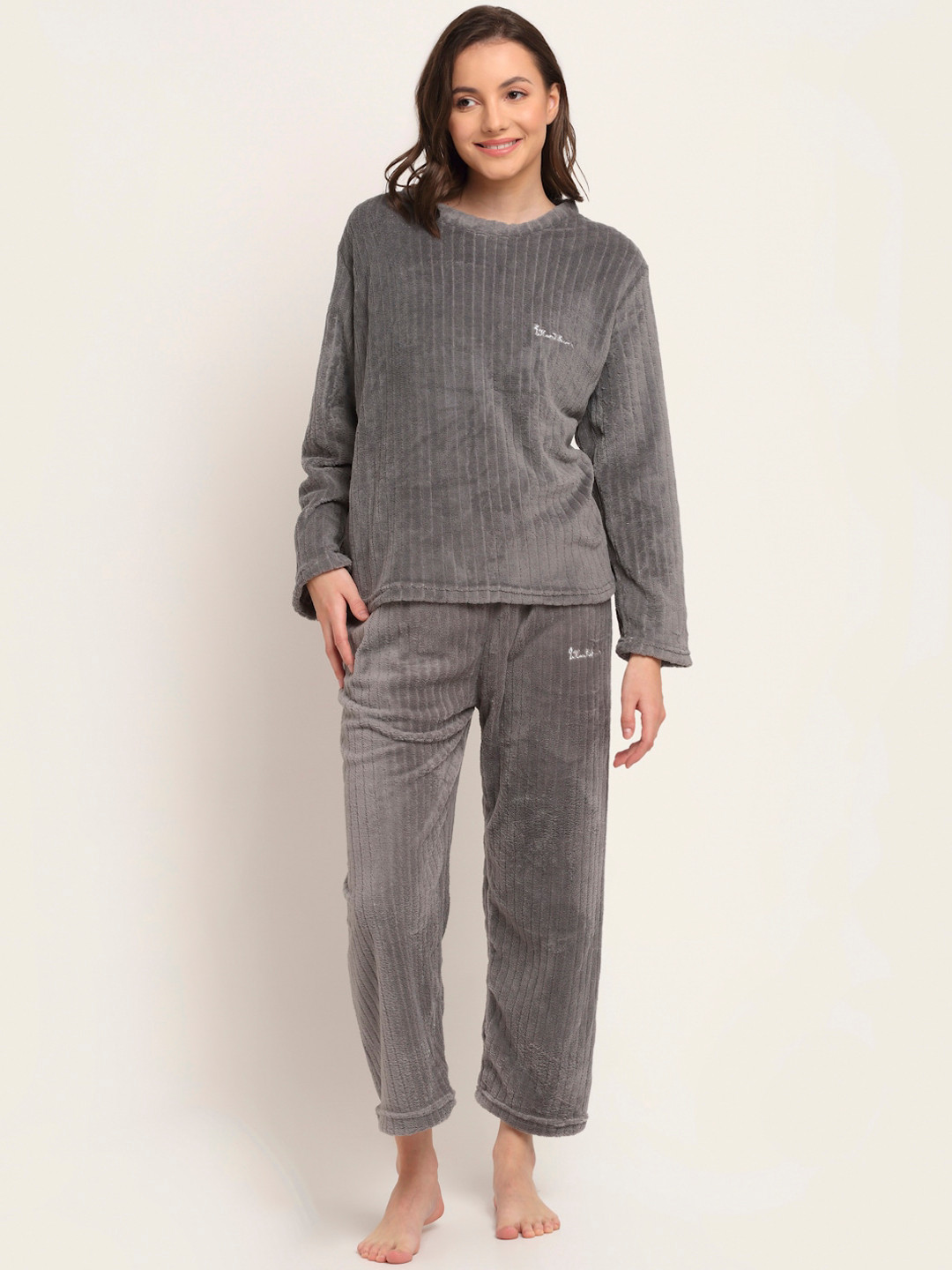 

TAG 7 Women Grey Striped Fleece Night Suit