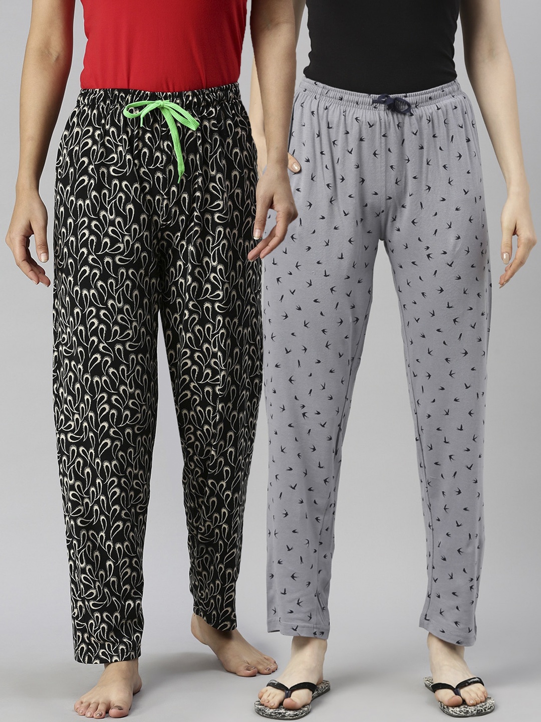 

Kryptic Women Pack Of 2 Printed Pure Cotton Lounge Pants, Black