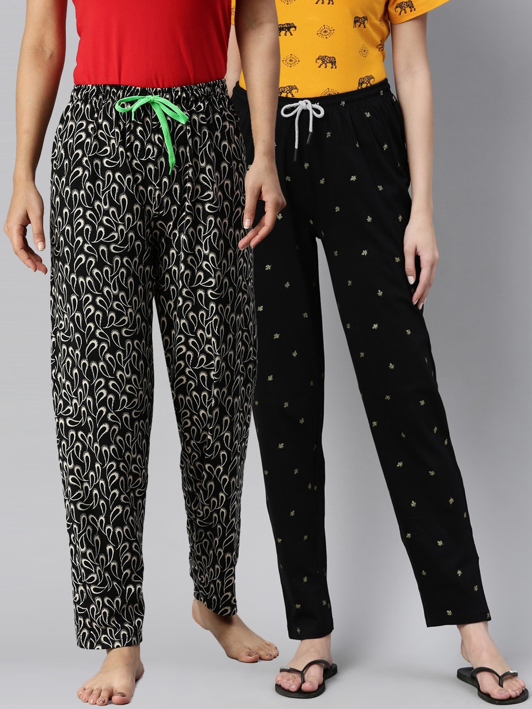 

Kryptic Women Pack Of 2 Printed Pure Cotton Lounge Pants, Black