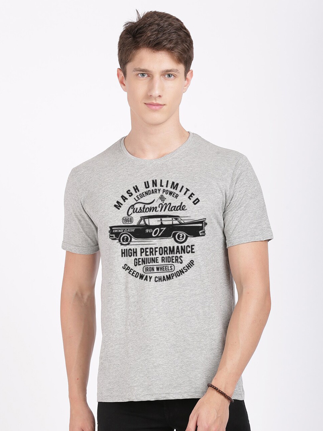 

MASH UNLIMITED Men Grey Typography Printed Slim Fit T-shirt