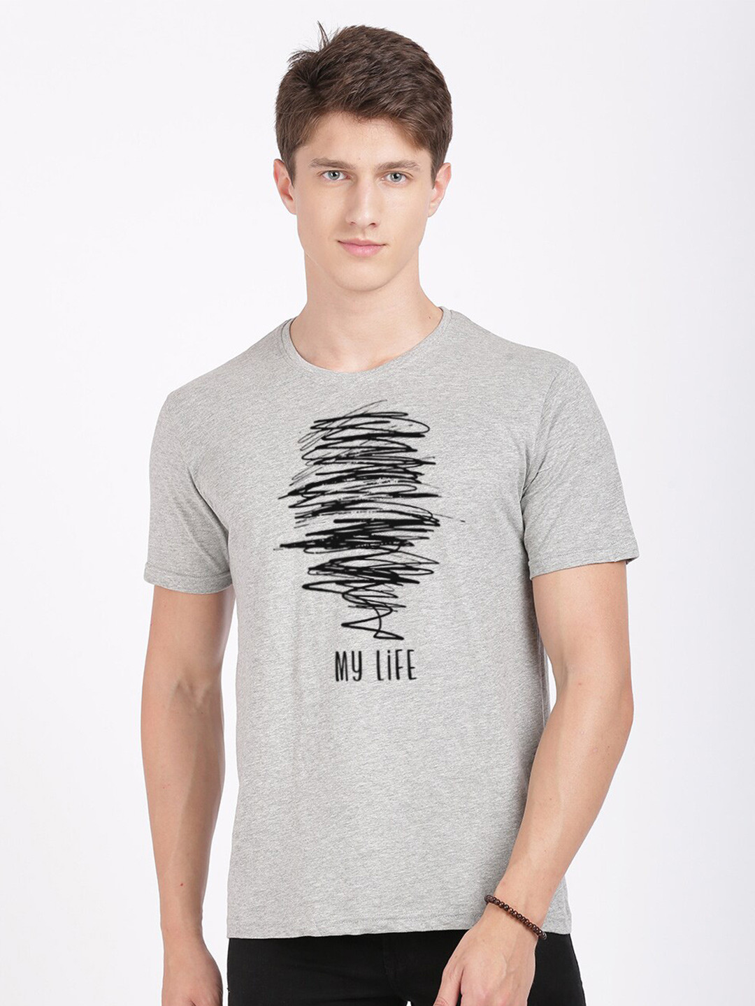 

MASH UNLIMITED Men Grey Melange Typography Printed Slim Fit Cotton T-shirt