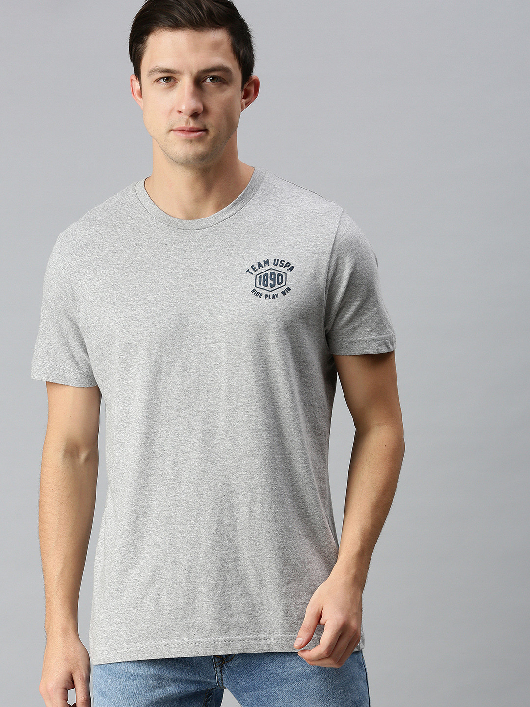 

U.S. Polo Assn. Men Grey Printed Pure Cotton Lounge T-shirt, Grey melange