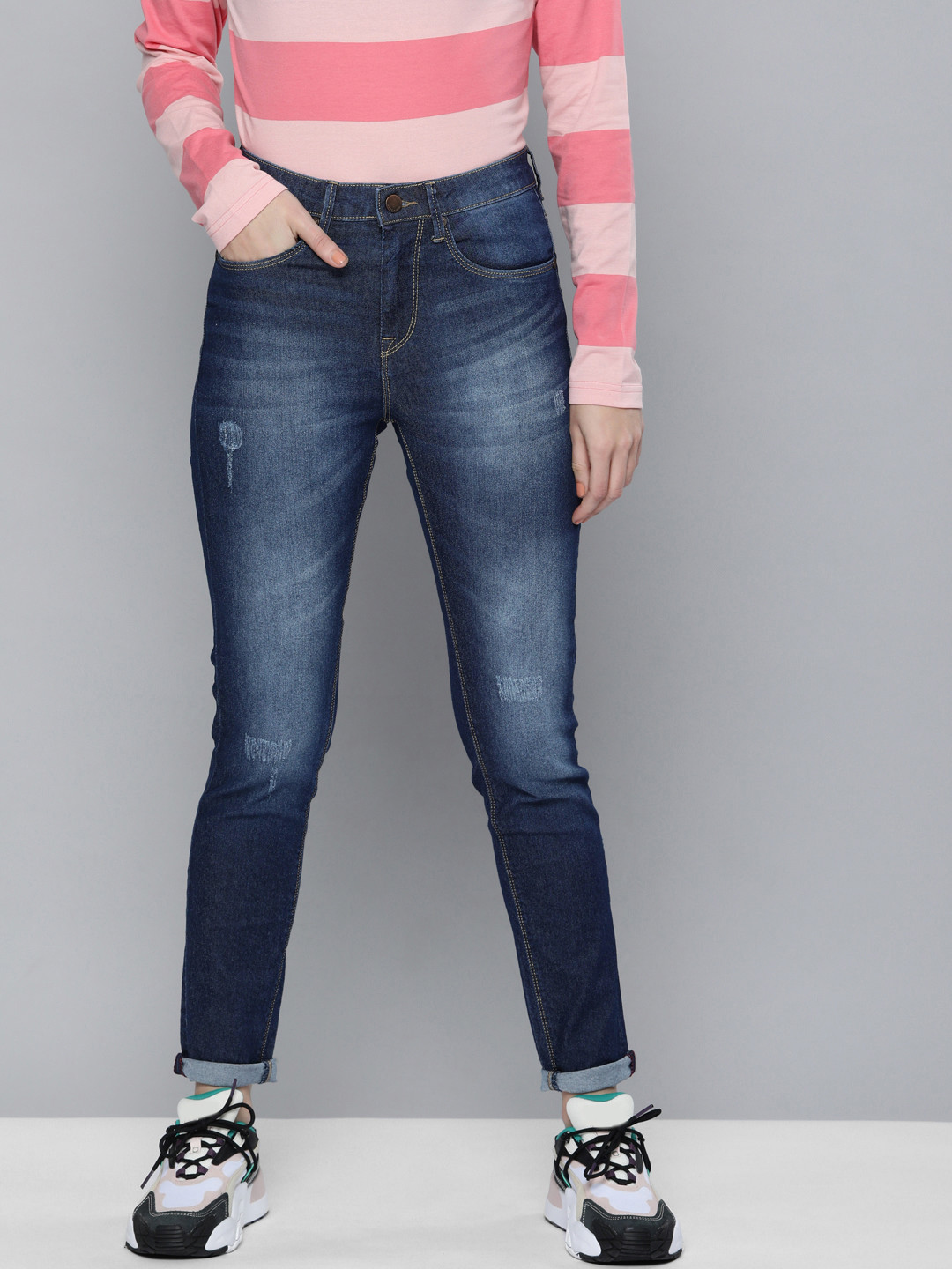 

HERE&NOW Women Blue Skinny Fit High-Rise Low Distress Heavy Fade Stretchable Jeans