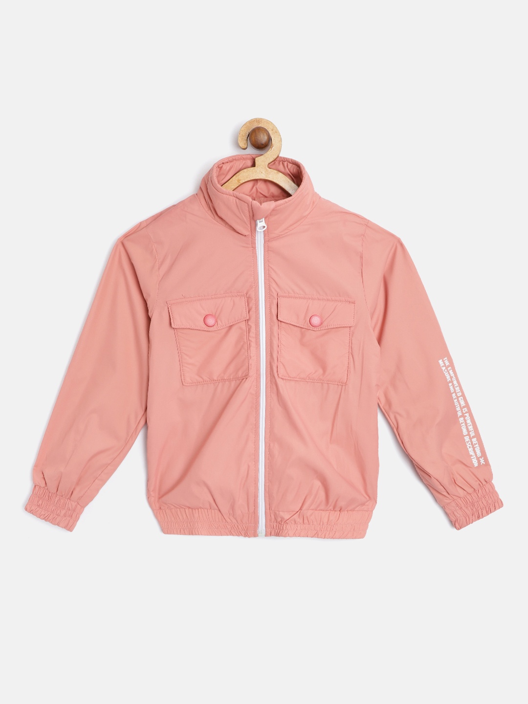 

Killer Girls Peach-Coloured Solid Tailored Jacket with Oversized Pockets & Printed Detail