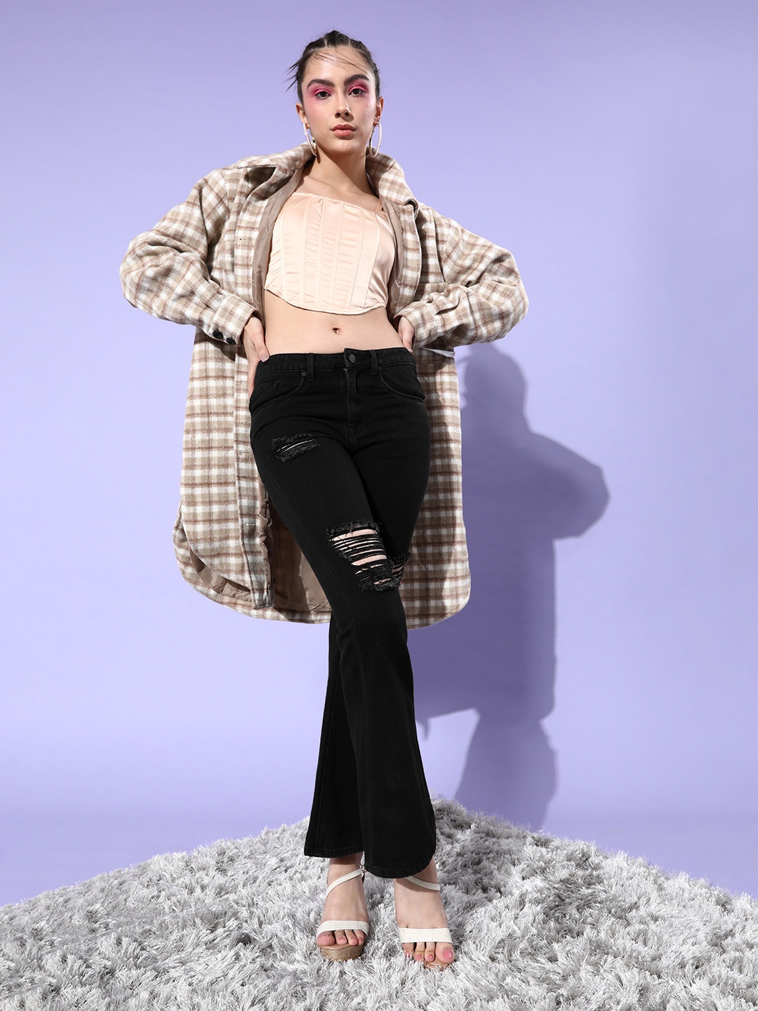 

HERE&NOW Women Black Flared Slash Knee Jeans