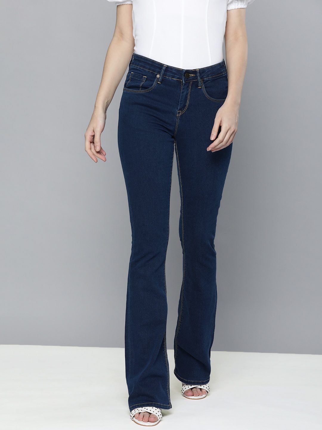 

HERE&NOW Women Navy Blue Bootcut Mid-Rise Clean Look Jeans