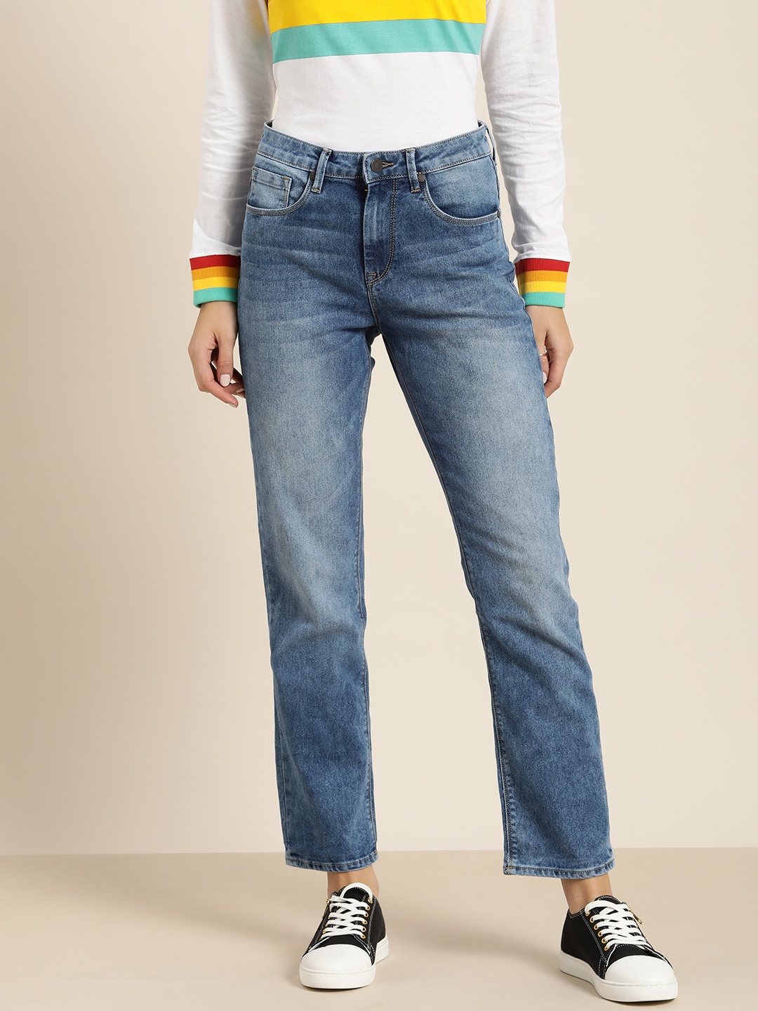 Moda Rapido Women Blue Straight Fit High-Rise Heavy Fade Stretchable Jeans