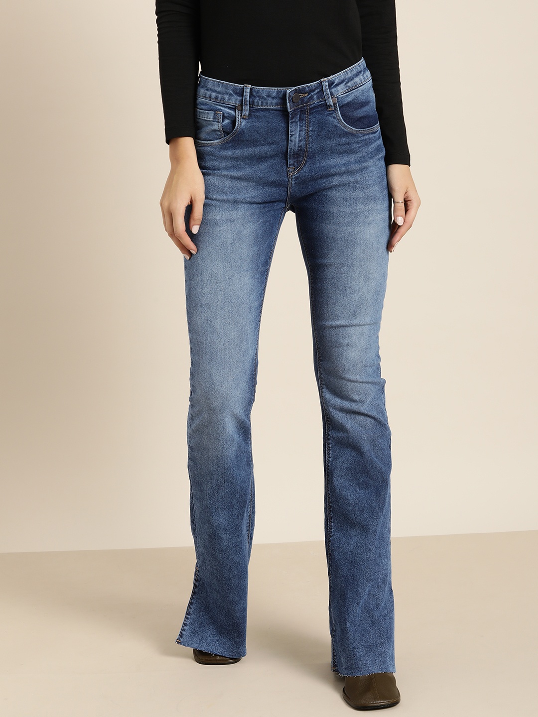 

Moda Rapido Women Blue Flared High-Rise Heavy Fade Stretchable Jeans