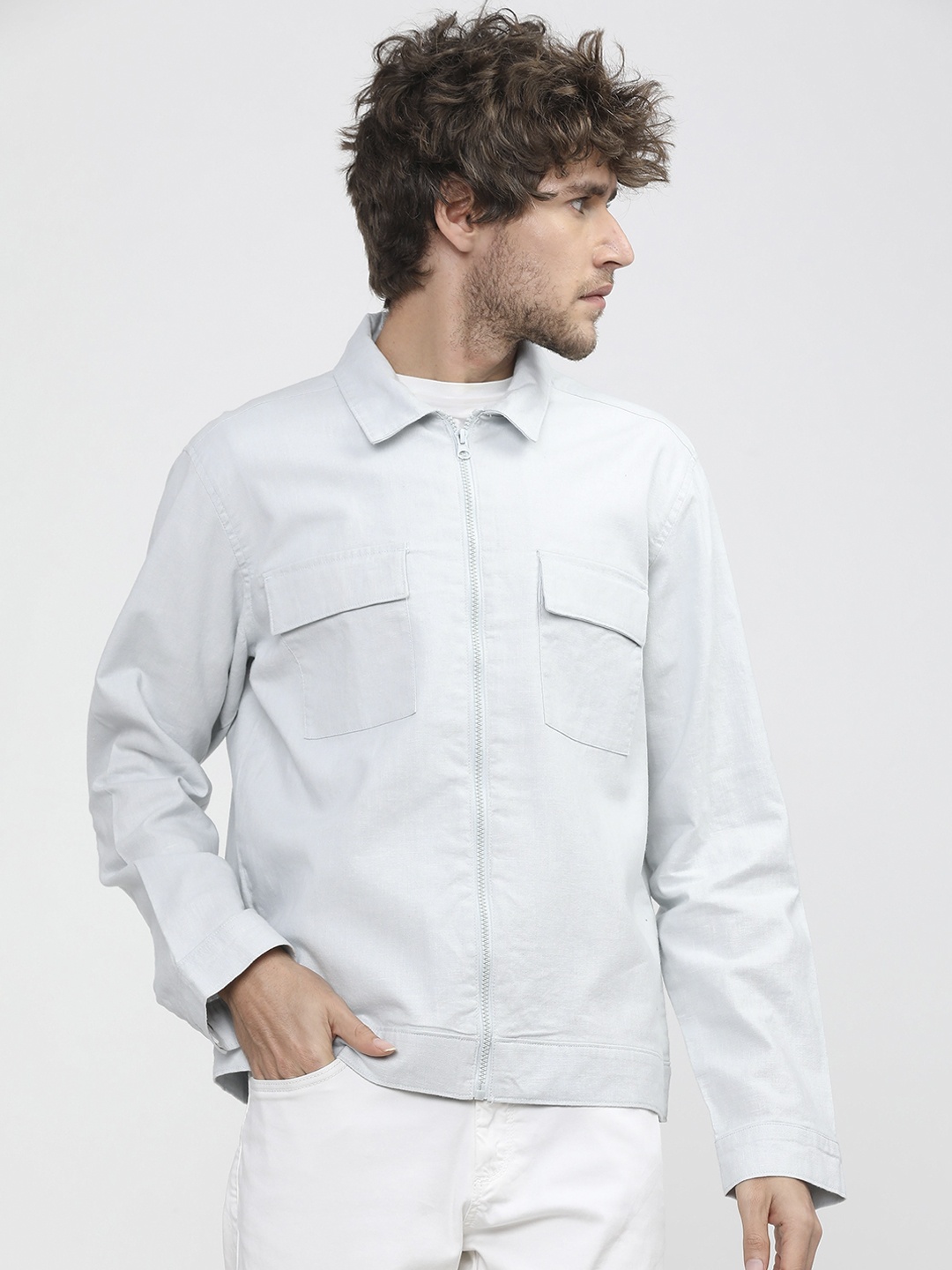 

HIGHLANDER Men Blue Linen Denim Jacket