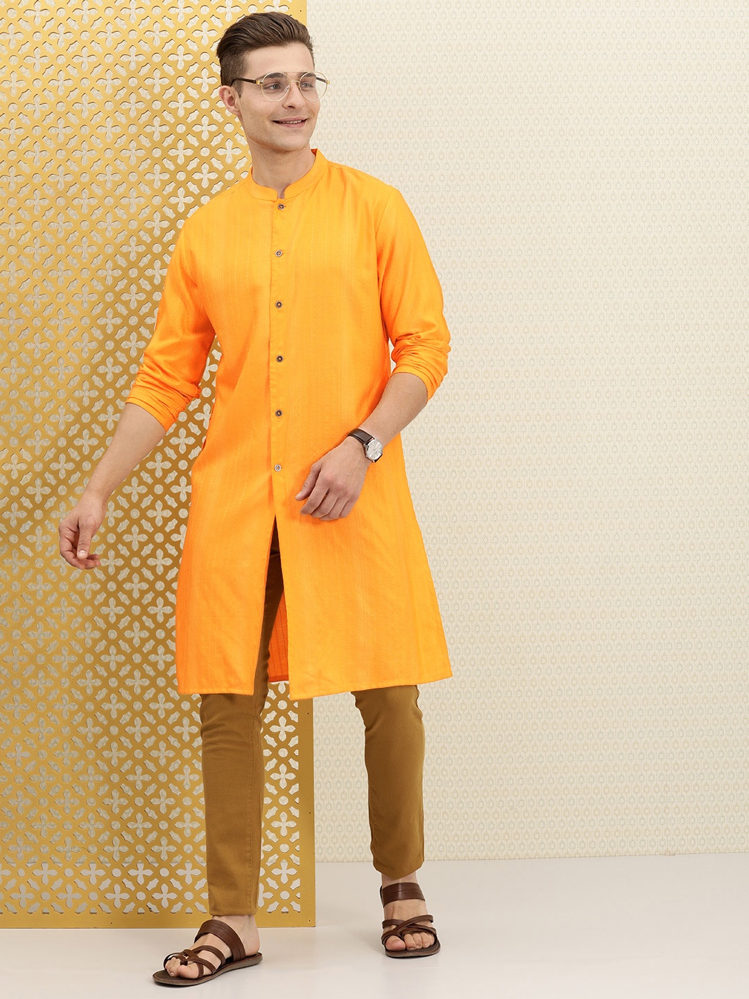 

House of Pataudi Men Mustard Yellow Striped Kurta