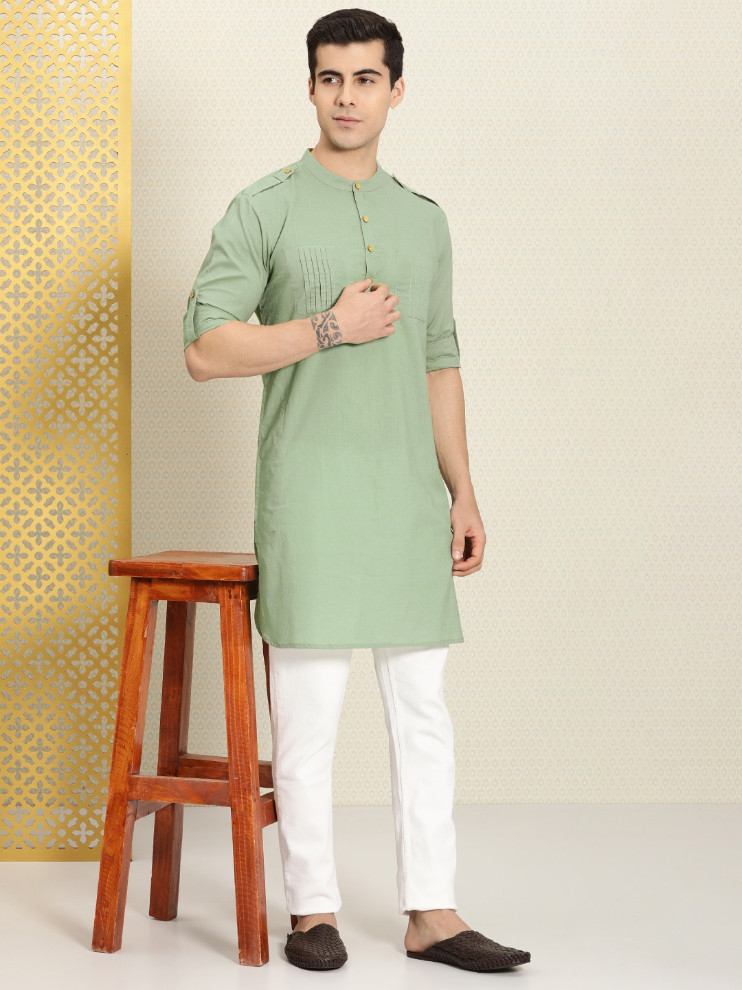 

House of Pataudi Men Green Solid Pure Cotton Roazana Pathani Kurta