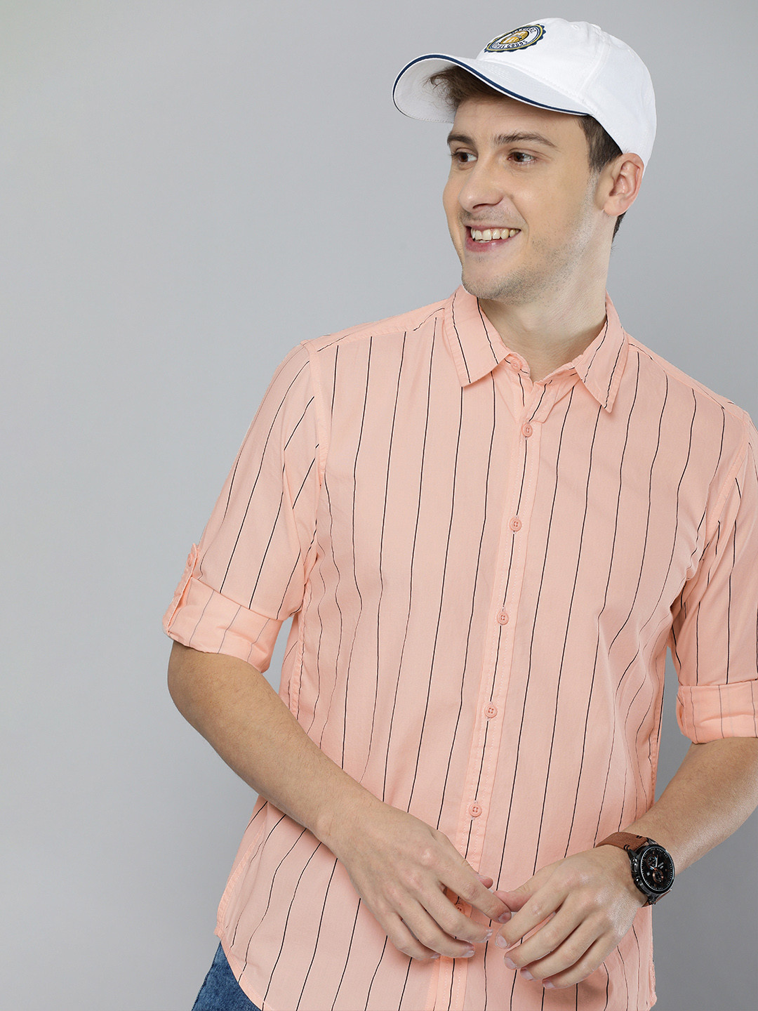 

HERE&NOW Men Peach-Coloured Slim Fit Striped Casual Shirt