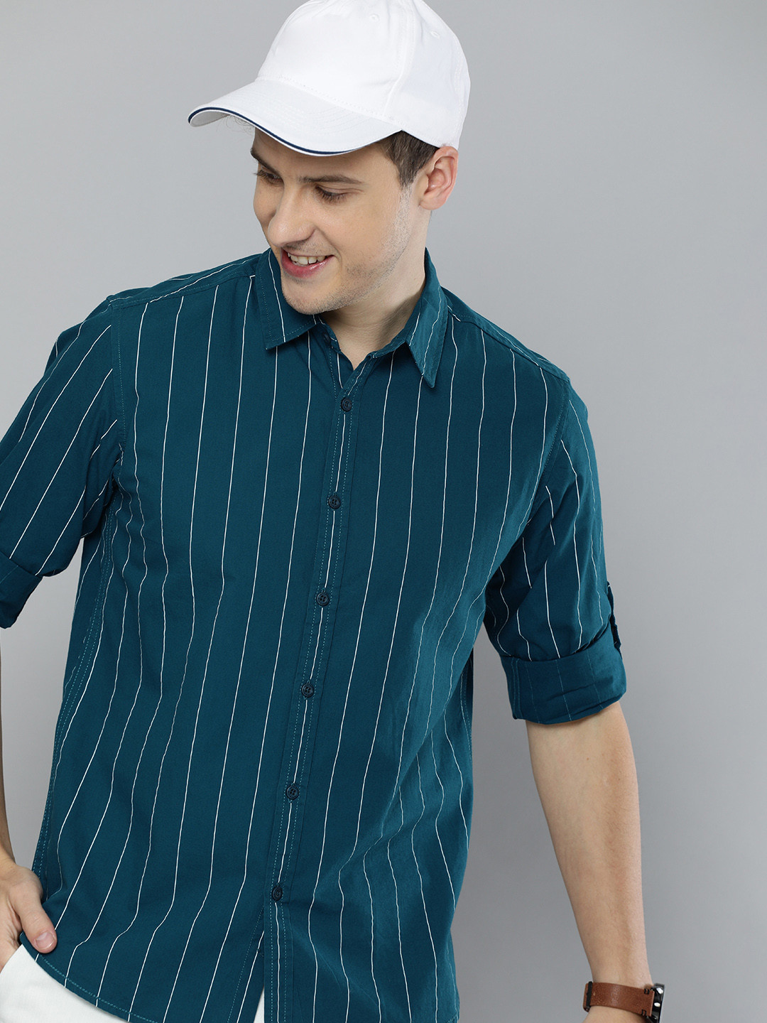 

HERE&NOW Men Teal Blue Slim Fit Striped Sustainable Casual Shirt
