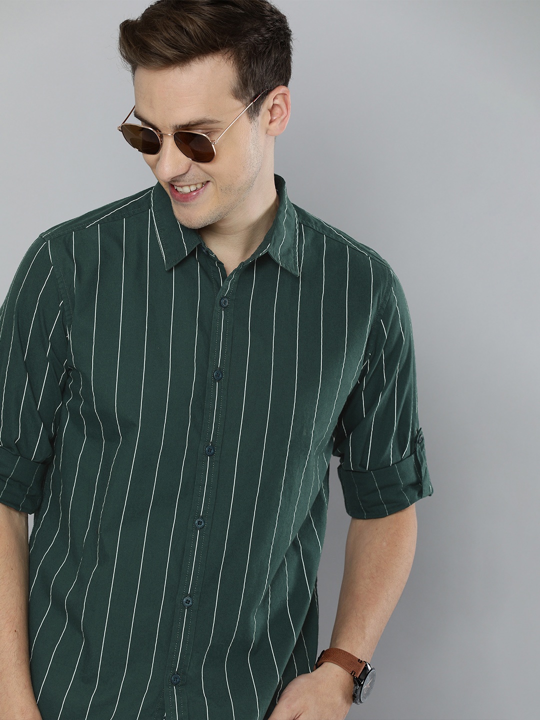 

HERE&NOW Men Green & White Striped Pure Cotton Slim Fit Casual Shirt