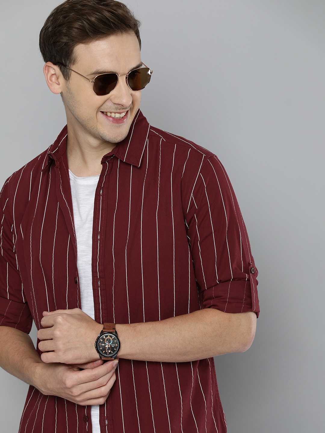 

HERE&NOW Men Maroon Slim Fit Striped Casual Shirt