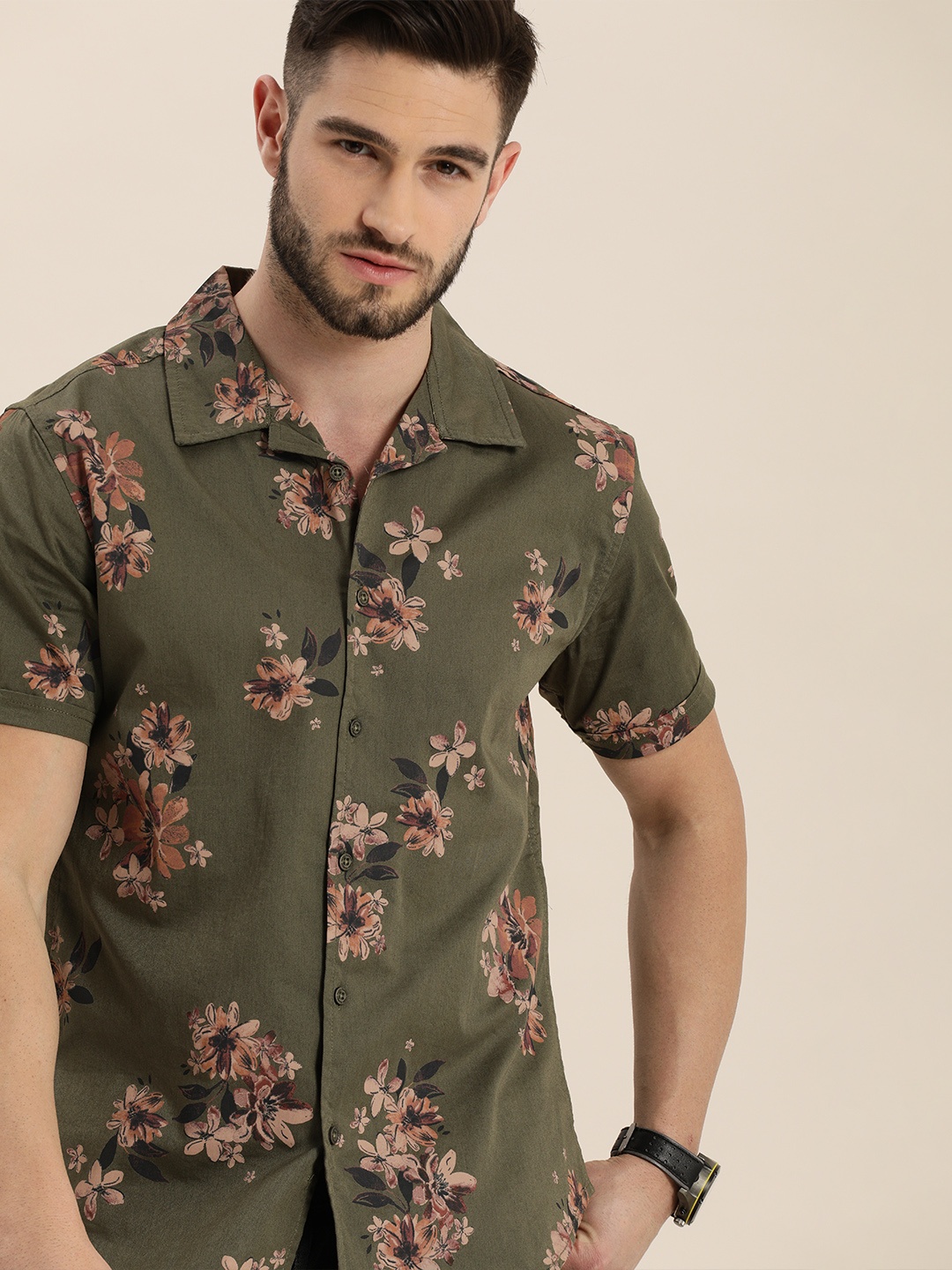 

Moda Rapido Men Olive Green & Pink Slim Fit Floral Printed Casual Shirt
