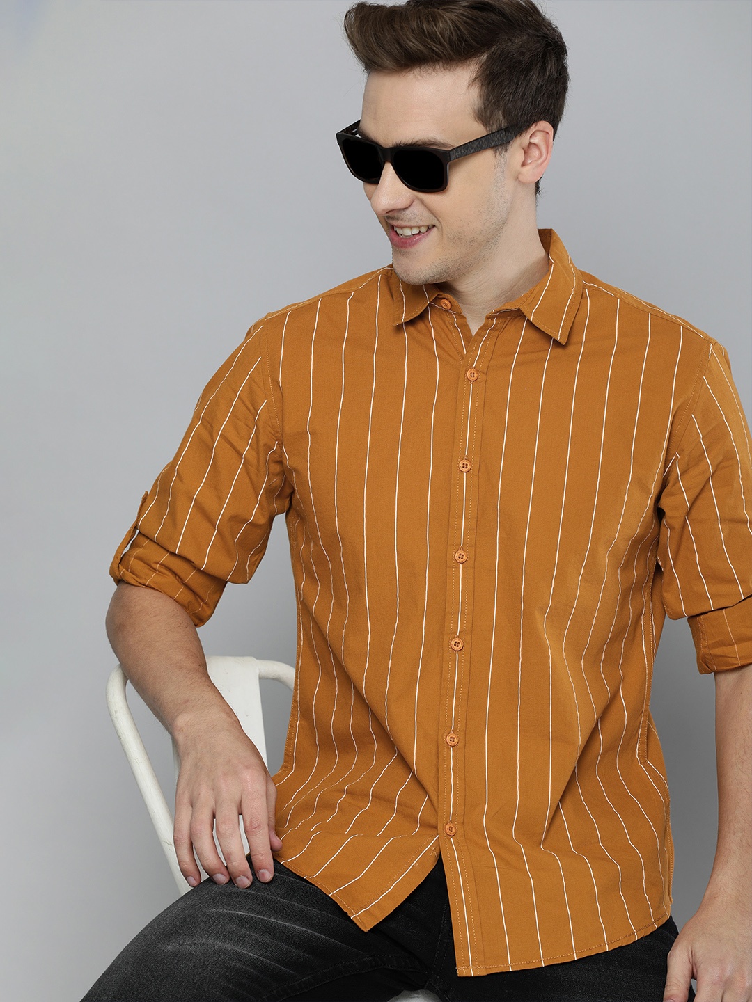 

HERE&NOW Men Mustard Yellow Slim Fit Striped Casual Shirt