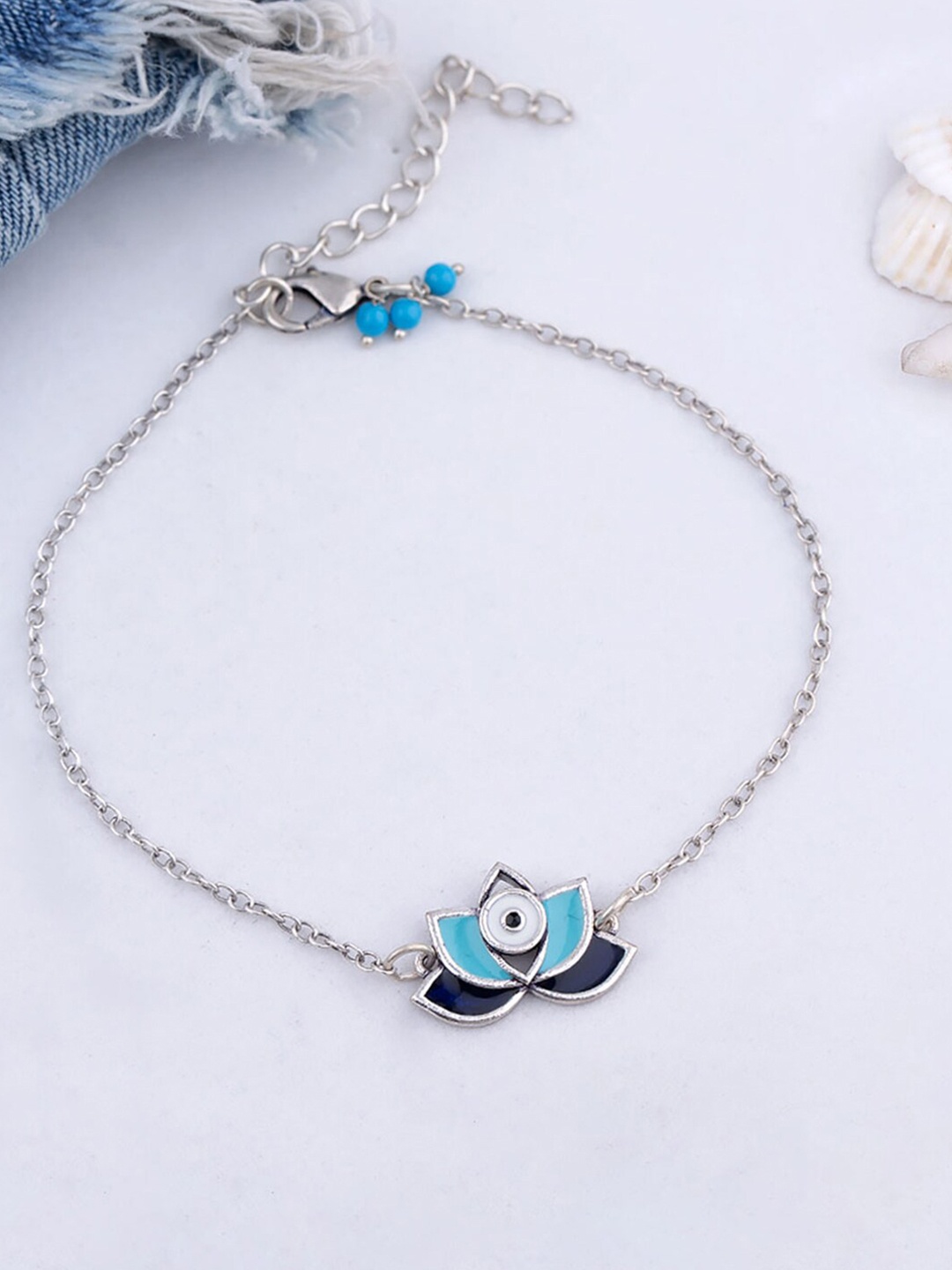 

Voylla Women Silver-Toned & Blue Brass Enamelled Silver-Plated Link Bracelet
