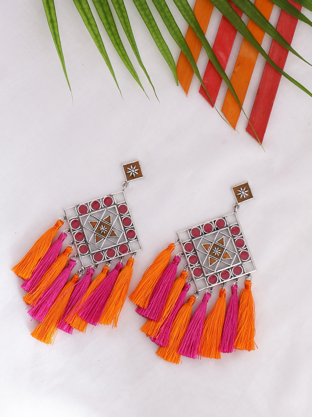 

Voylla Silver & Magenta Geometric Tasseled Drop Earrings