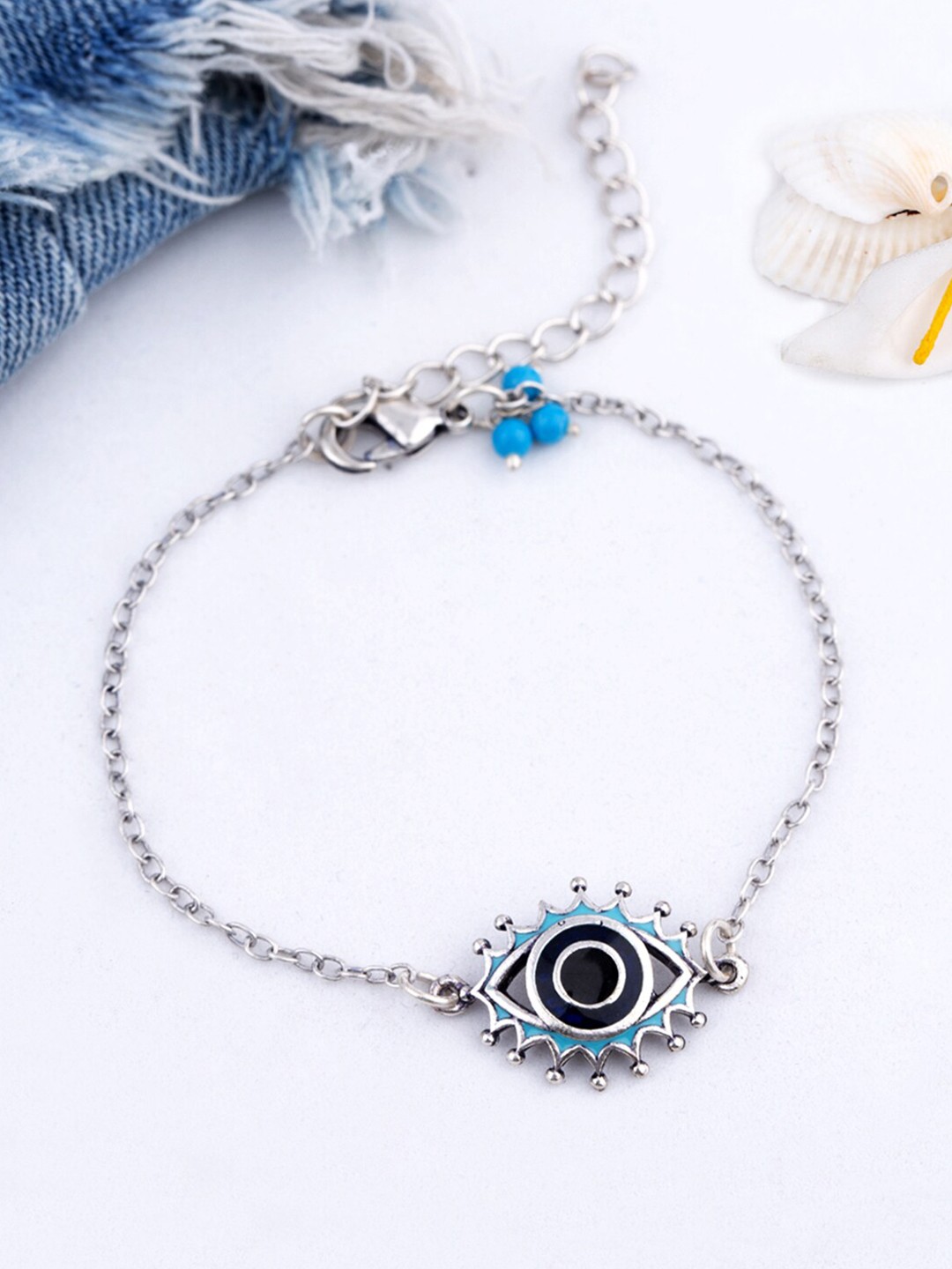 

Voylla Women Silver-Toned & Blue Brass Cubic Zirconia Oxidised Silver-Plated Charm Bracelet