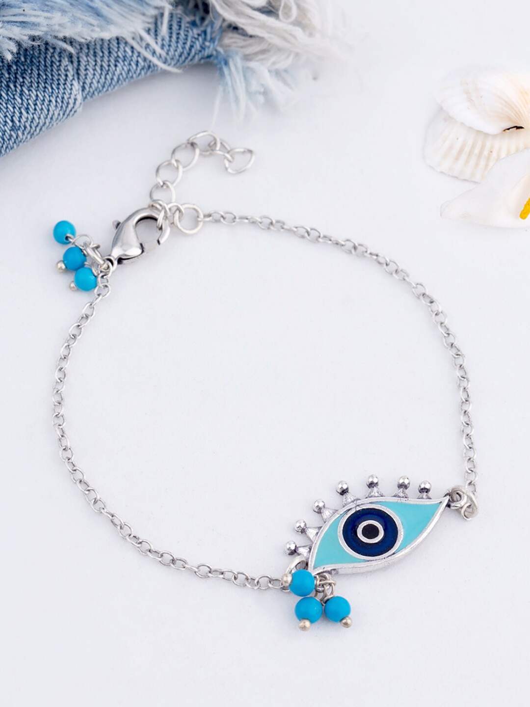 

Voylla Women Silver-Toned & Blue Brass Cubic Zirconia Enamelled Silver-Plated Link Bracelet