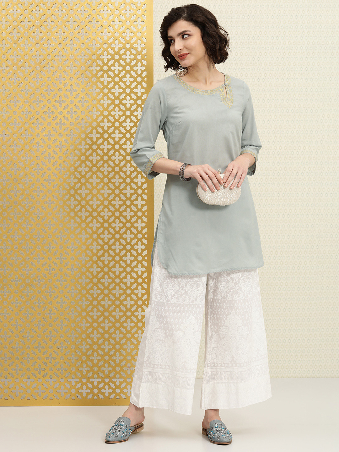 

House of Pataudi Grey Embroidery Detail Pure Cotton Rozana Kurti
