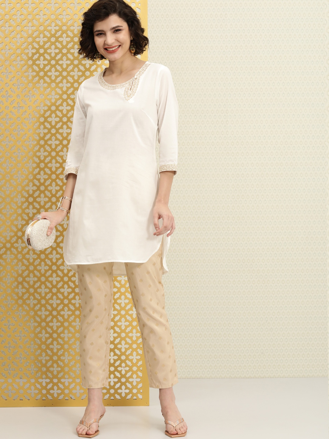 

House of Pataudi White Embroidery Detail Pure Cotton Jashn Kurti