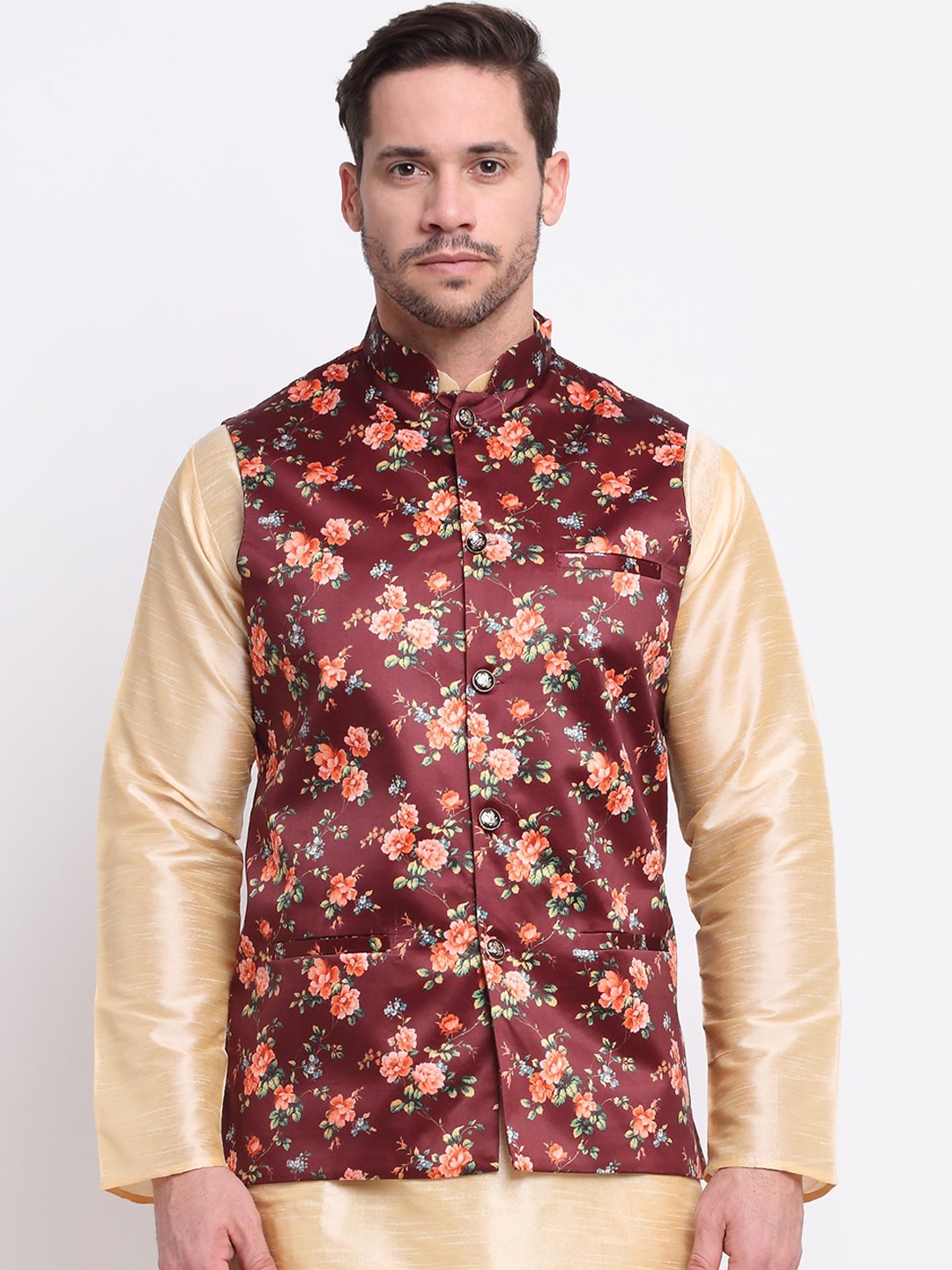 

KRAFT INDIA Men Maroon & Orange Floral Printed Satin Nehru Jacket