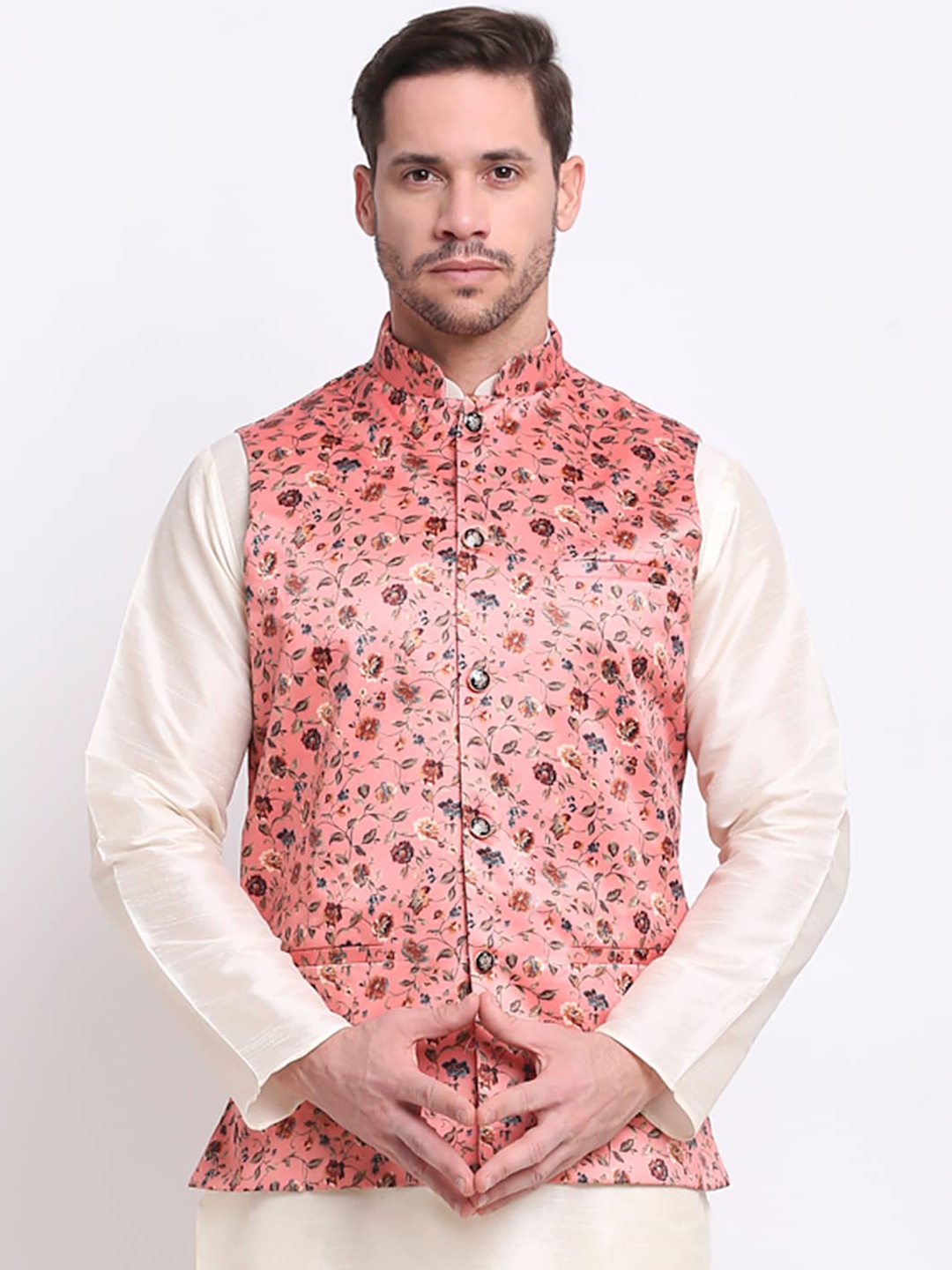 

KRAFT INDIA Men Peach-Coloured & Brown Floral Printed Satin Nehru Jacket