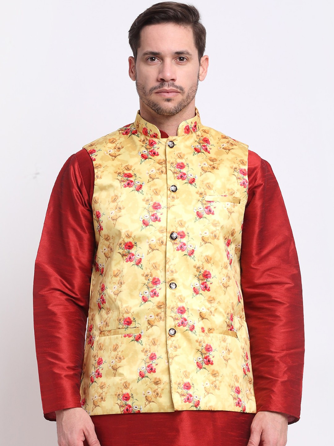 

KRAFT INDIA Men Yellow & Red Floral Printed Satin Nehru Jacket