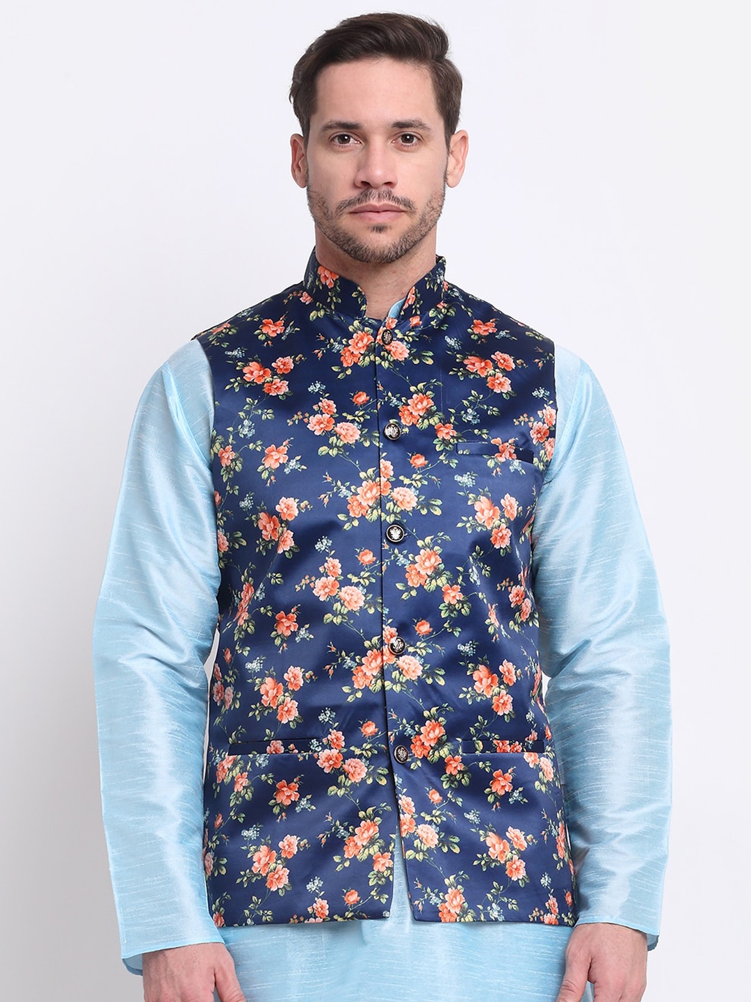 

KRAFT INDIA Men Blue & Orange Floral Printed Satin Nehru Jacket