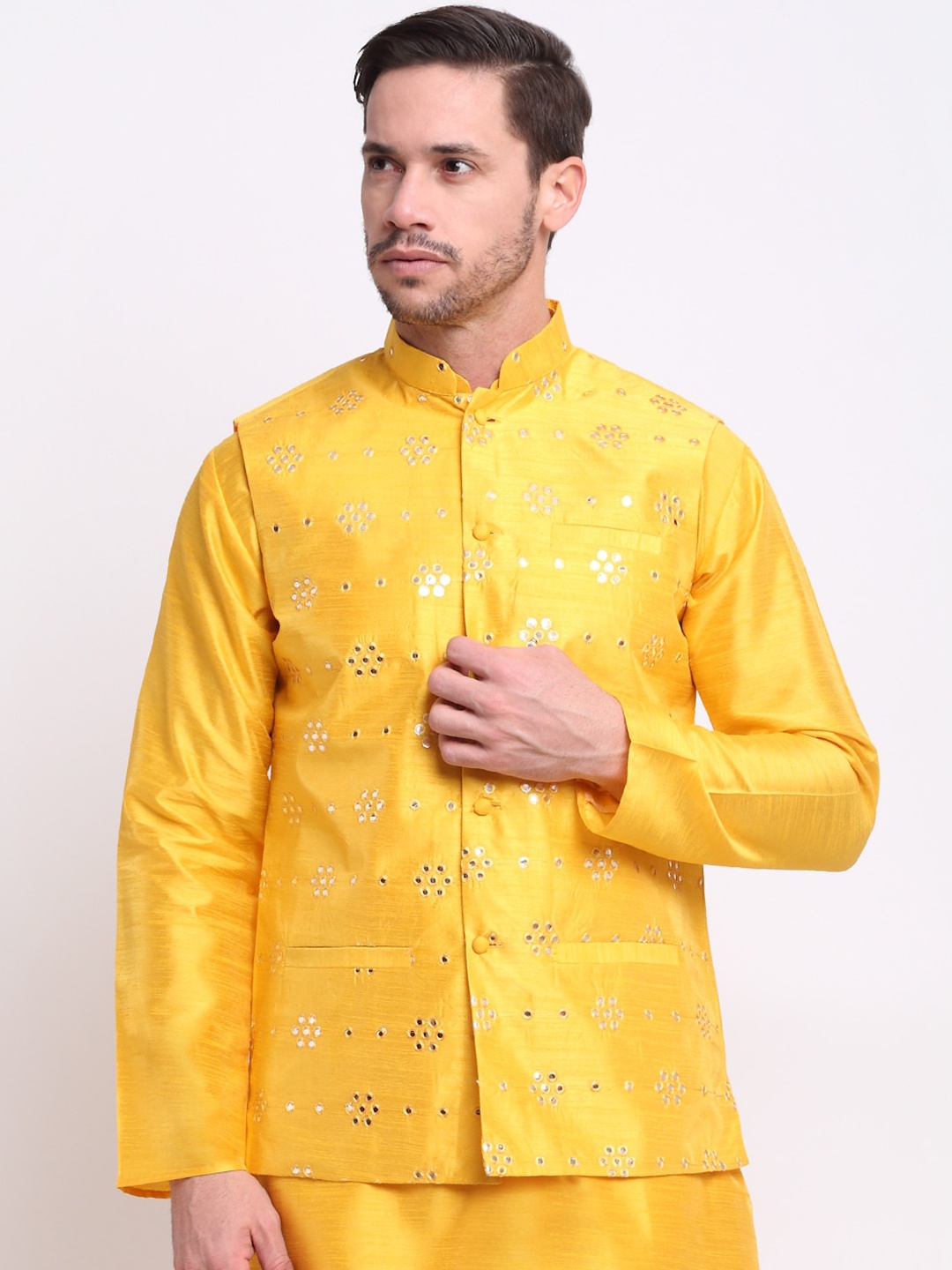 

KRAFT INDIA Men Yellow Embroidered Silk Mirror Work Nehru Jacket
