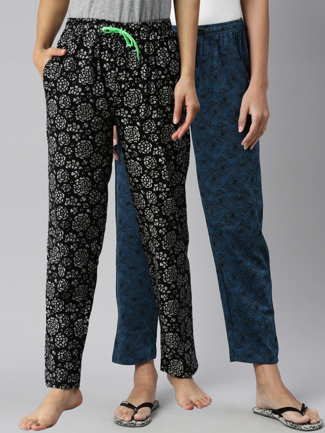 

Kryptic Women Pack Of 2 Printed Cotton Lounge Pants, Black